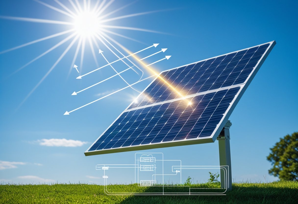 Güneş ışığını alan ve elektrik enerjisi üreten bir güneş paneli açık havada, doğal bir ortamda gösteriliyor.